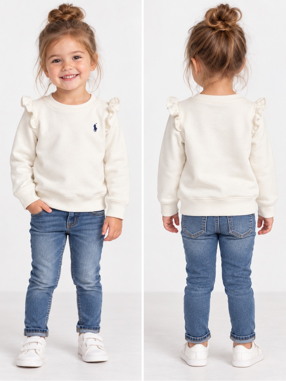 Polo Ralph Lauren Girls Ivory Ruffle Shoulder Sweatshirt Estimated 3T-4T